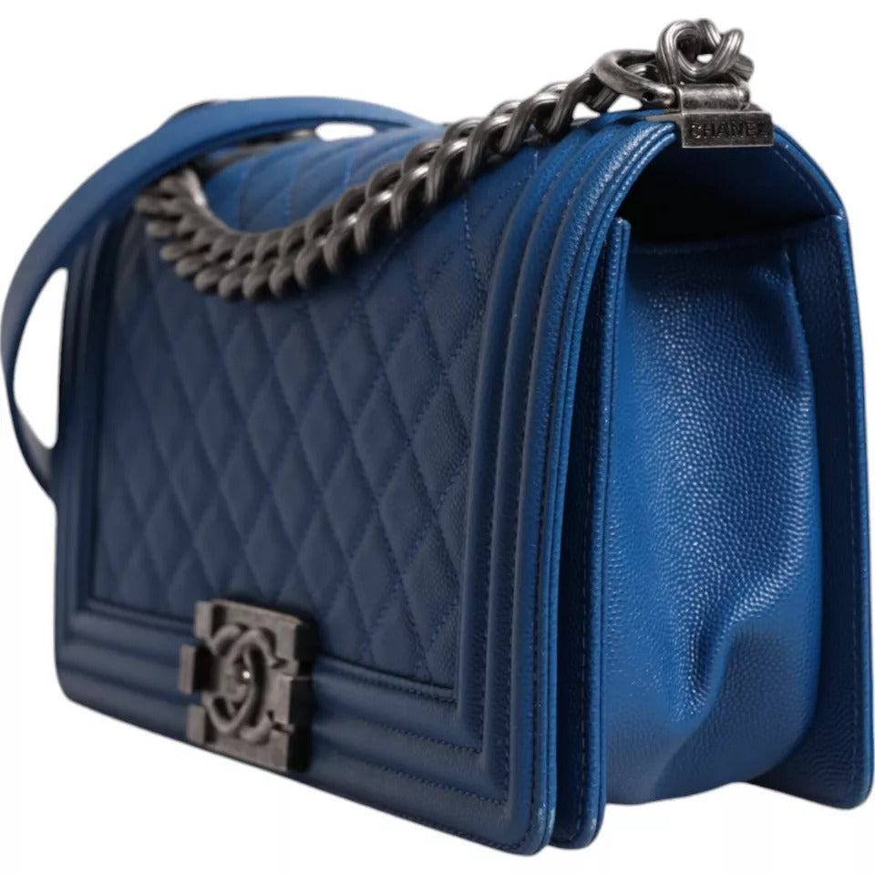 Chanel Mavi Kuzu Derisi Çift Zincirli Deri Orta Boy Omuz Çantası
